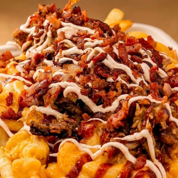 Loaded fries with mac and cheese, bacon, pulled pork, BBQ sauce, and ranch dressing.