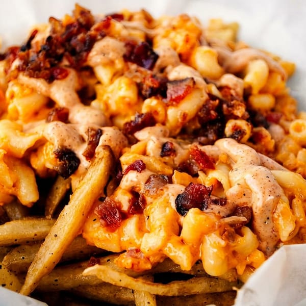 Close-up of loaded fries with macaroni and cheese, bacon bits, and a creamy sauce.