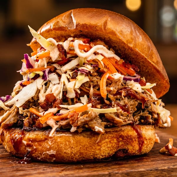 Pulled pork sandwich with coleslaw and sauce on a brioche bun, on a wooden board.