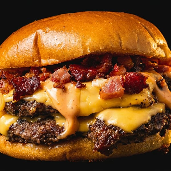 Double patty cheeseburger with melted cheese, crispy bacon bits, and special sauce on a brioche bun.