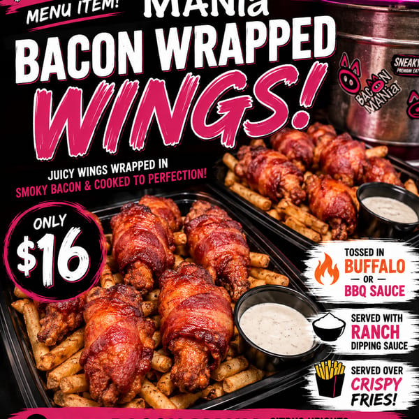 Two trays of Bacon Mania's bacon-wrapped wings and crispy fries with ranch dipping sauce.